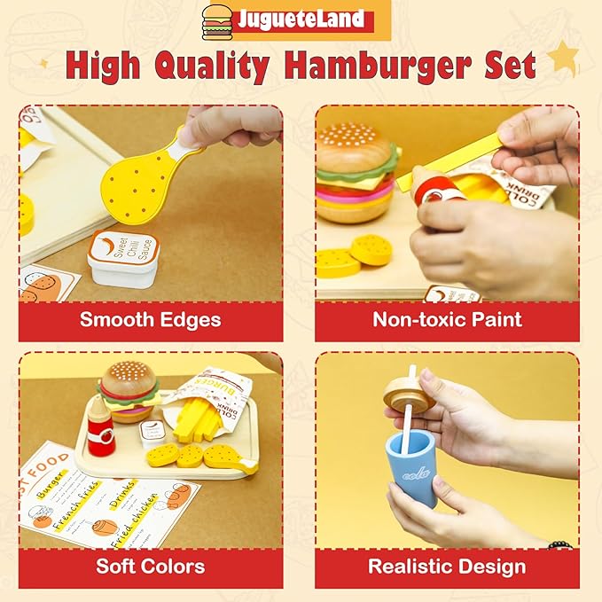 Wooden Pretend Play Fast Food for Kids,Play Food Sets for Kids Kitchen,Restaurant Play Set for Kids with Hamburger, Fries,Fried Chicken,Coke,Ketchup,Sauce,Gifts for 3 4 5+ Years Old