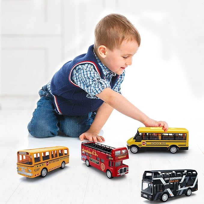 CORPER TOYS Bus Toys Die Cast Metal Toy Cars Pull 4 Pack