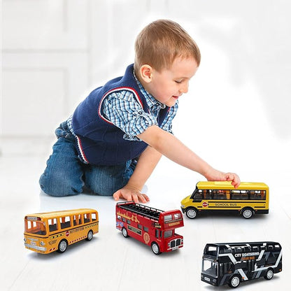 CORPER TOYS Bus Toys Die Cast Metal Toy Cars Pull 4 Pack