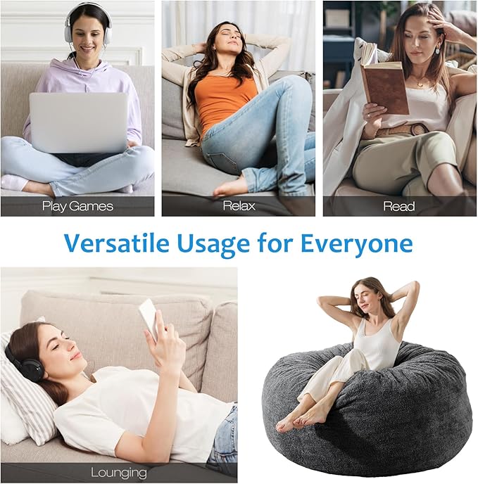 [Sherpa Cover] Large Bean Bag Chair: 4 ft Bean Bag Chairs for Adults/Kids with Filling,Ultra Soft Faux Fur Fabric,Memory Foam Bean Bag with Filler Included - 4 Foot,Dark Gray