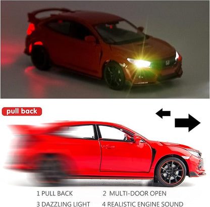 Compatible for 1:32 Diecasting Alloy Honda Civic Type-R Car Model Toy Car，Pull Back Alloy Car with Lights and Sound, Open Door Cars for Kids Ages 3-5