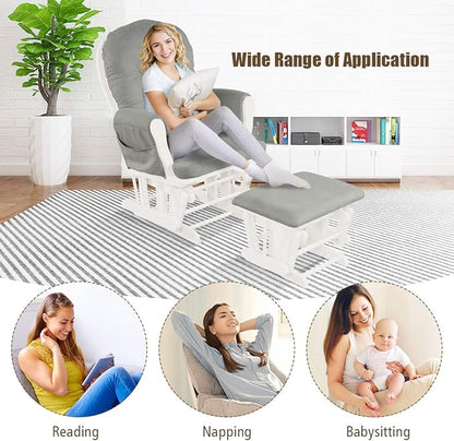 Costzon Nursery Glider with Ottoman, Upholstered Comfort Glider Rocker with Padded Cushion, Storage Pocket, Solid Wood Base, Rocking Chair Nursery for Breastfeeding, Maternity, Napping (Light Gray)
