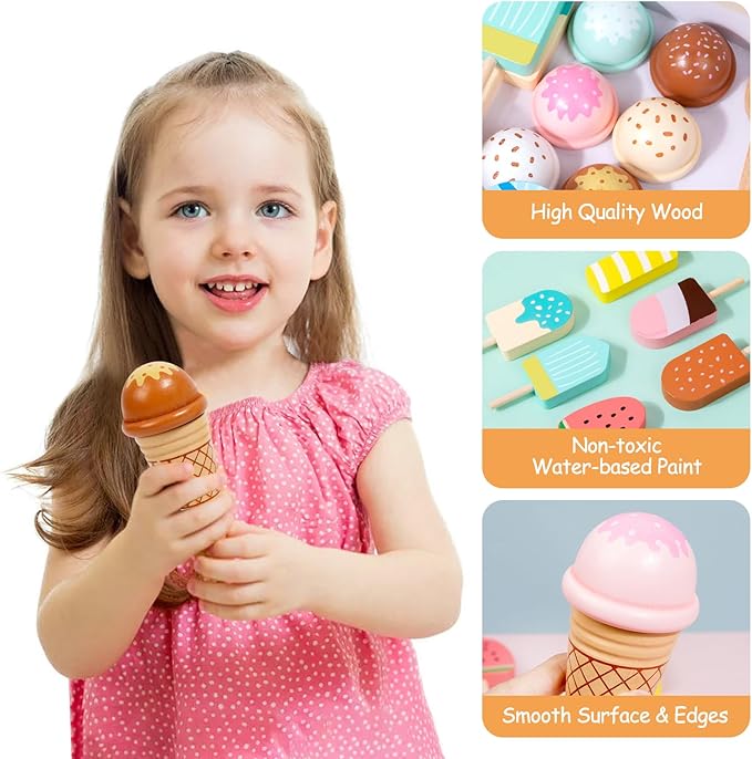 Wooden Ice Cream Set Counter Toy for Toddlers, Wooden Play Food Kitchen Accessories, Pretend Play Ice Cream Shop Toys for Kids Ages 3+, Play Store with Fake Money & Coin