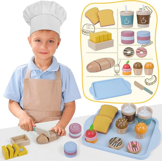Wooden Toy Food Set, Kids Kitchen, Toy Food Set - Pretend Food Wooden Toys, Velcro Food Cuts, Toys for Kids Ages 3 and Up.