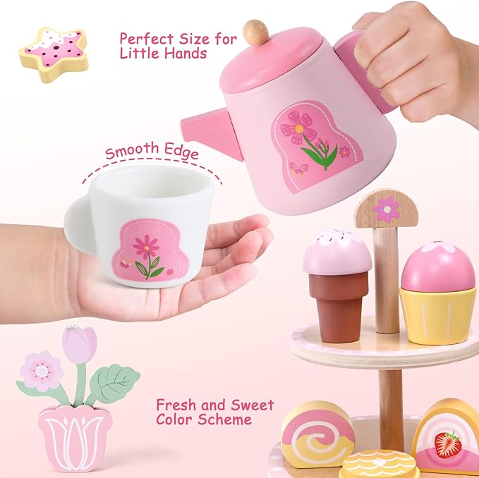 Wooden Tea Party Set for Toddler Girls Toys Gift with Cupcake Stand & Tray & Flower & Dessert, Kids Pretend Play Kitchen Accessories Christmas Birthday Gifts for 3 4 5 6 Years Old Little Girl