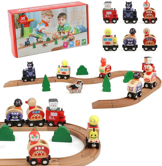 Wooden Train Tracks Set Toys, Train Toys with All-Wood Double Sided Train Tracks 3,4,5 Years