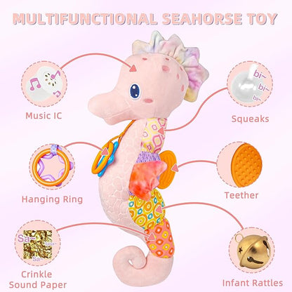 Baby Toys 0-6 Months,Infant Musical Seahorse Stuffed Animals Sensory Toys with Bright Colors 0-12 Months-Pink