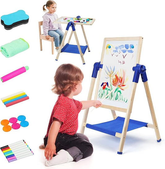 Toddler Easel, Kids Art Easel, Easel for Kids, Wooden Double-Sided Drawing Board, Adustable Art Table, Deluxe Standing Easel Set,360°Rotating Drawing Easels with Art Supplies,Age 3-5,4-8