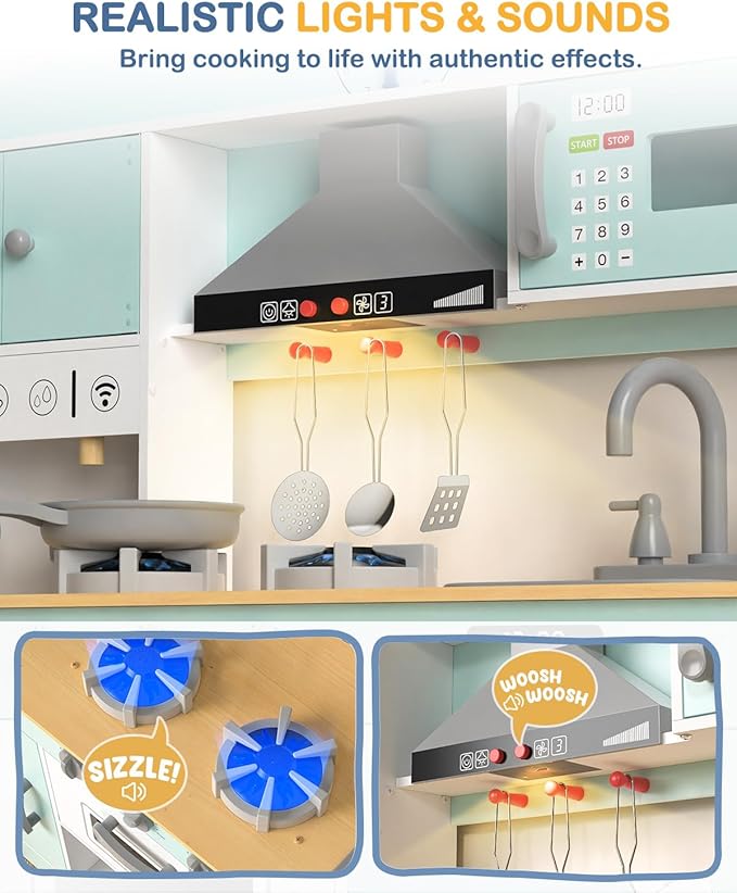 Babytronic Wooden Play Kitchen Set, Pretend Play Kitchen with Lights and Sounds for Kids Ages 3+, Includes Stove, Oven, Microwave, Coffee Maker, and Accessories, Toy Kitchen Set for Toddlers (Blue)