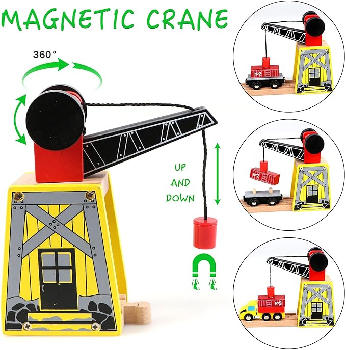 Qilay Wooden Train Set for Toddler - 39 Pcs Wooden Train Tracks with Crane, Bridge & 5 Wooden Trains 3,4,5 Year