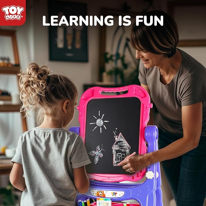 STEAM Life Art Easel for Kids, Double-Sided 4In1 Toddler Easel with Rotable Magnetic Chalkboard & White Drawing Board, Height Adjustable with Magnetic Letters & Numbers Gifts for Boys and Girls