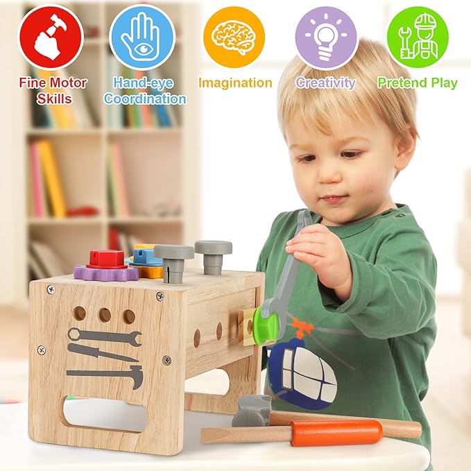 Vextronic Kids Tool Set, Wooden Toddler Tool Set with Tool Box/Bench, Montessori Toys for 1 2 3 4 5 6 Year Old, Play Toy Tools Kit, Educational STEM Construction Christmas Birthday Gift for Boys Girls