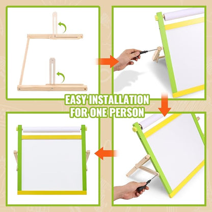 VEVOR Tabletop Art Easel for Kids, 3-in-1 Wooden Double-Sided Kid's Art Easel with Magnetic Whiteboard, Chalkboard, Paper Roll, Foldable Portable Drawing Board with Painting Accessories for Boys Girls