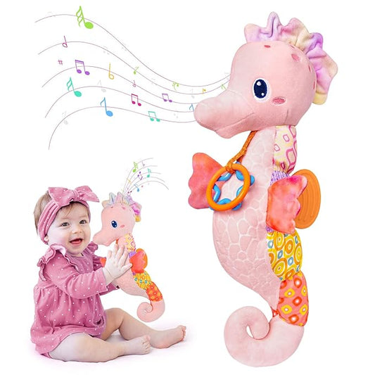Baby Toys 0-6 Months,Infant Musical Seahorse Stuffed Animals Sensory Toys with Bright Colors 0-12 Months-Pink