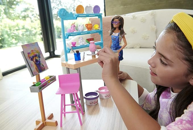 Barbie Relax and Create Art Studio, Doll (11.5 inches), 25+ Creation Accessories for Pottery Making & Painting, Kids 3 to 7 Years Old