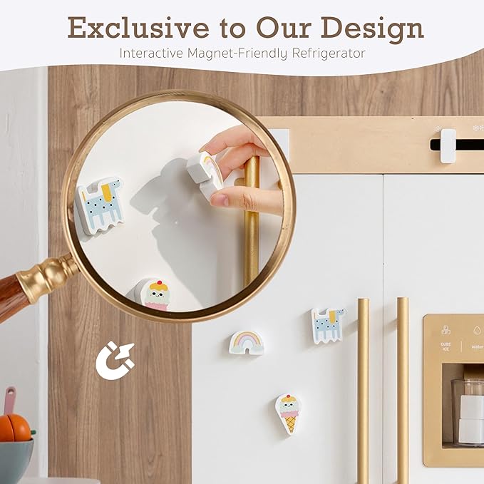 Wooden Play Kitchen Fridge with Ice Maker – Pretend Refrigerator for Kids & Toddlers, Play Refrigerator Appliance Toy for Ages 3+, Perfect Play Kitchen Fridge for Boys & Girls