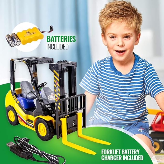 WolVolk 6-Channel Electric Remote Control Forklift - Functional RC Lighted Fork Lift Toy w/Pallet, Barrel
