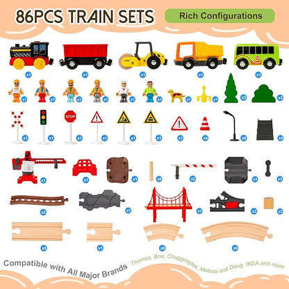 86pcs Wooden Train Set with Crane, Wooden Train Track Set Railway Kits Fits Thomas Brio IKEA Melissa and Doug, Christmas Train Toys for Kids & Toddlers 3-5 Years Old Boys and Girls