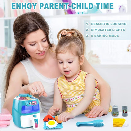 Toy Air Fryer, Play Kitchen Appliances with Music and Light, Pretend Play Food Set for Toddlers, Kids, Kitchen Playset Music & Color Changing Foods, Gift for Boys and Girls 2 3 4 5 Years Old