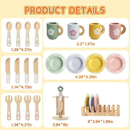 Wooden Play Kitchen Accessories, Play Plates and Cups for Kids Kitchen, Play Dishes for Kids Kitchen, Play Pots and Pans for Toddlers Boys and Girls 3 4 5 6