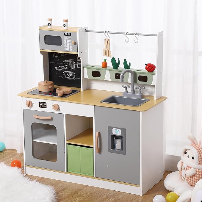 Wooden Farm & Kitchen Playset with Cookware Accessories - Kids Chef Pretend Play Set Featuring Ice Maker, Chalkboard, and Planter Area