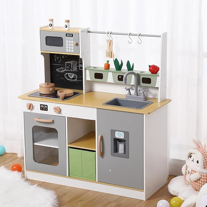 Wooden Farm & Kitchen Playset with Cookware Accessories - Kids Chef Pretend Play Set Featuring Ice Maker, Chalkboard, and Planter Area