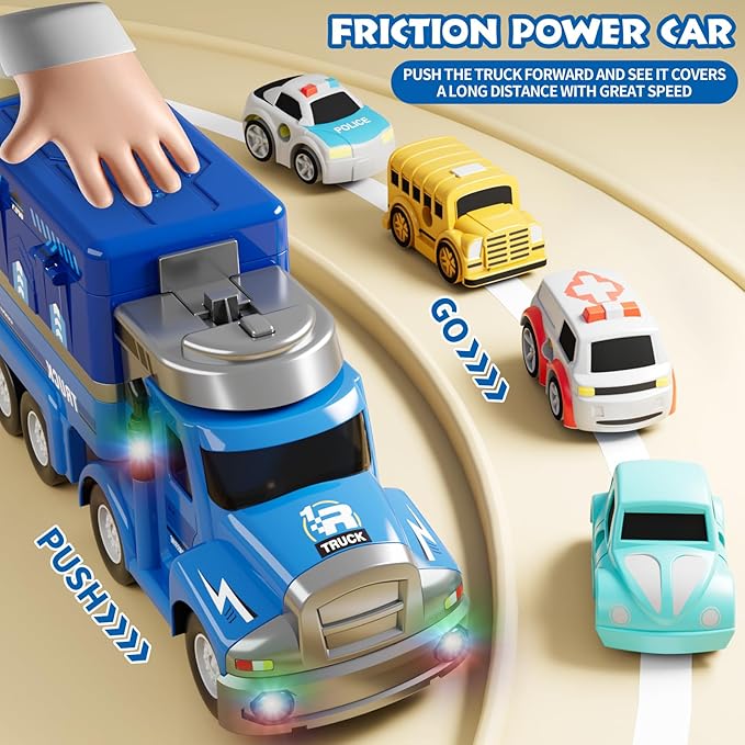 Dwi Dowellin Truck Toys for Kids 3 4 5 6 Years Old, Vehicle Toys for Kids with 4 City Cars and Playmat 3-5 (Blue)