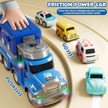 Dwi Dowellin Truck Toys for Kids 3 4 5 6 Years Old, Vehicle Toys for Kids with 4 City Cars and Playmat 3-5 (Blue)