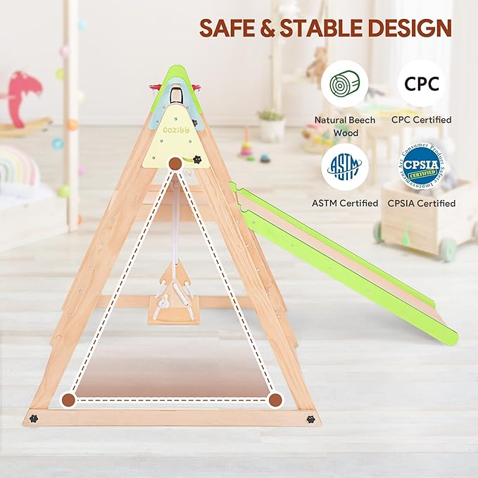 7 in 1 Indoor Jungle Gym for Kids, Foldable Toddler Indoor Playground with Slide, Beechwood & Baby Swing, Climbing Wall & Ladder, Wooden Climbing Toys Playset Gifts for Kids (Multicolor)