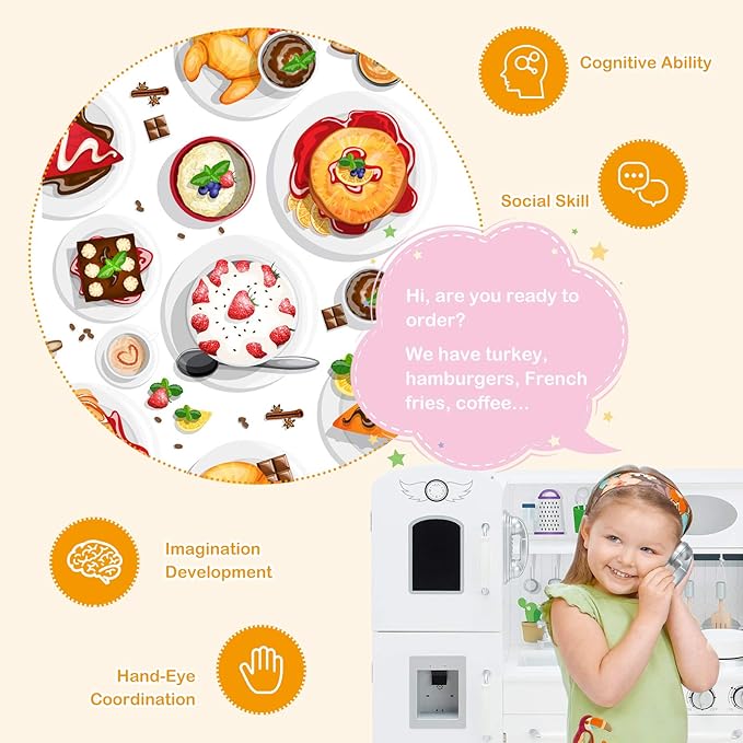 ARLIME Kids Kitchen Playset, Wooden Toy Toddler Kitchen w/Simulated Sound, Sink, Stovetop, Microwave, Refrigerator, Pretend Play Kitchen Great Gift for Boys Girls