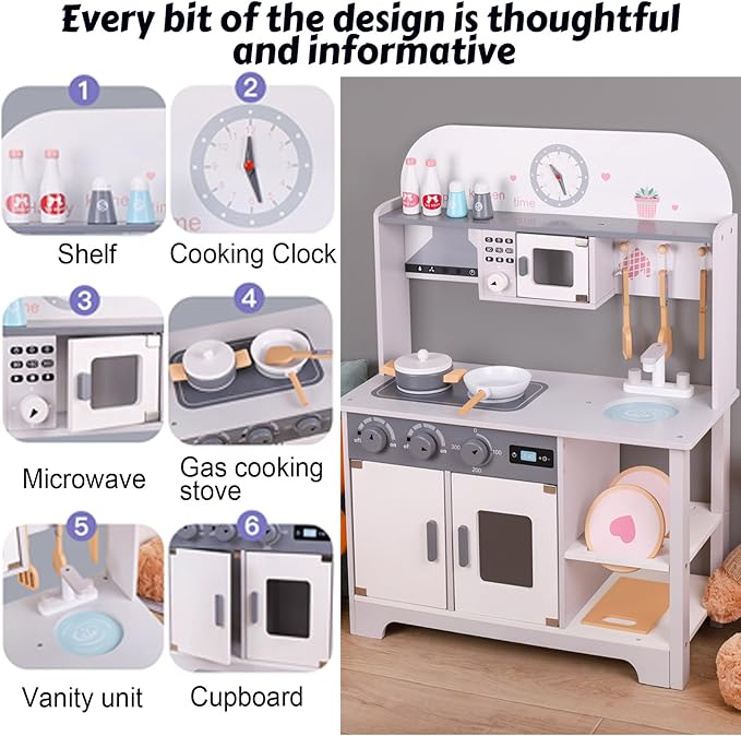 Wooden Kitchen Sets for Kids, Play Toddler Kitchen Playset, Chef Pretend Kitchen with Plenty of Play Features, Toy Kitchen with Toy Food & Cookware Accessories, Early Education Toy Gift for Boys Girls