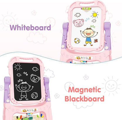 Amagoing Easel for Kids, Adjustable Standing Art Easel for Toddler, Double Magnetic Drawing Board with Painting Accessories, Birthday Christmas Gift for Little Boys and Girls, Middle Size Pink