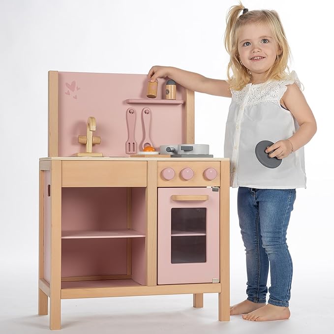 Wooden Kitchen Play Set - Pink - Standing Appliance Toy, Cooking & Food Accessories, Storage-Oven-Sink, Pretend Play Station, Kids Age 3+