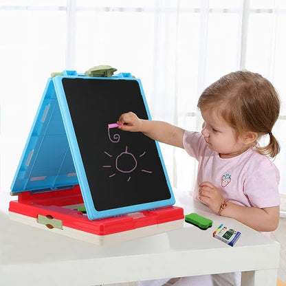 Table Art Easel for Kids, Double Sided Foldable Tabletop Drawing Easels Chalkboard Desk with Graffiti and Board Game Accessories Supplies for Boys and Girls (Red)
