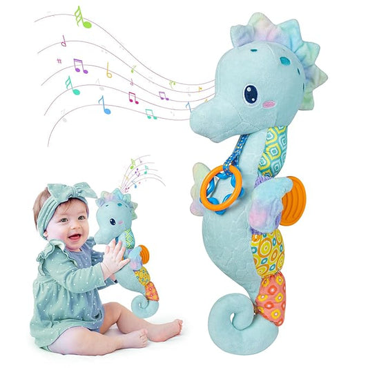 Baby Toys 0-6 Months,Infant Musical Seahorse Stuffed Animals Sensory Toys with Bright Colors 0-12 Months-Blue