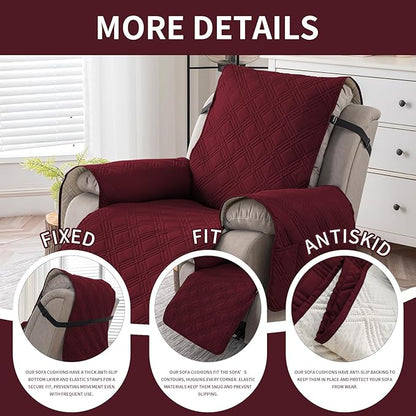 Easehomey 100% Waterproof Recliner Chair Covers, Non Slip Oversized Reclining Cover, Cover Furniture Protector Washable Chair Cover with Pocket,Elastic Straps for Kids,Pets,Dogs(Wine Red,28")