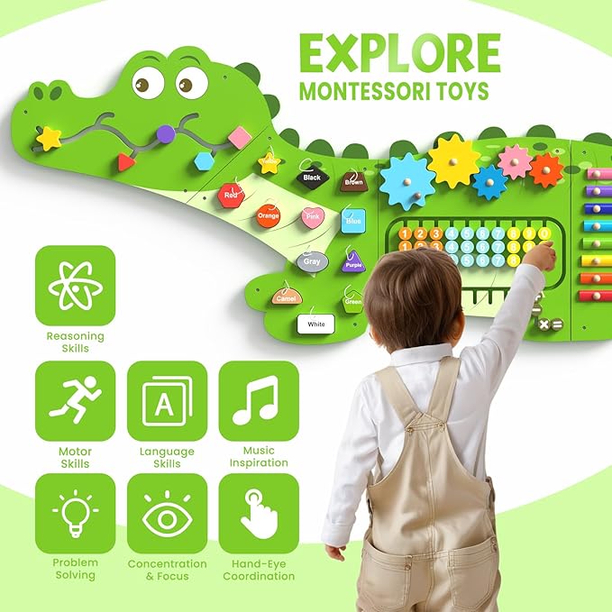 Big Crocodile Montessori Busy Board, Sensory Board, Activity Wall Busy Board Panels, Wall Furniture,Interactive Wooden Learning Toys for Boys and Girls, Perfect for Toddler Playroom
