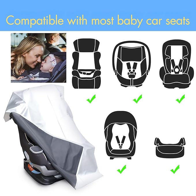 VisionKids Baby Car Seat Sun Shade Cover with Free Storage Bag Included | Infant Car Seat Heat Protector | UV Protection Cooler Cover | Keeps Toddler Seat Cool in Baby Car | Travel Accessories Silver