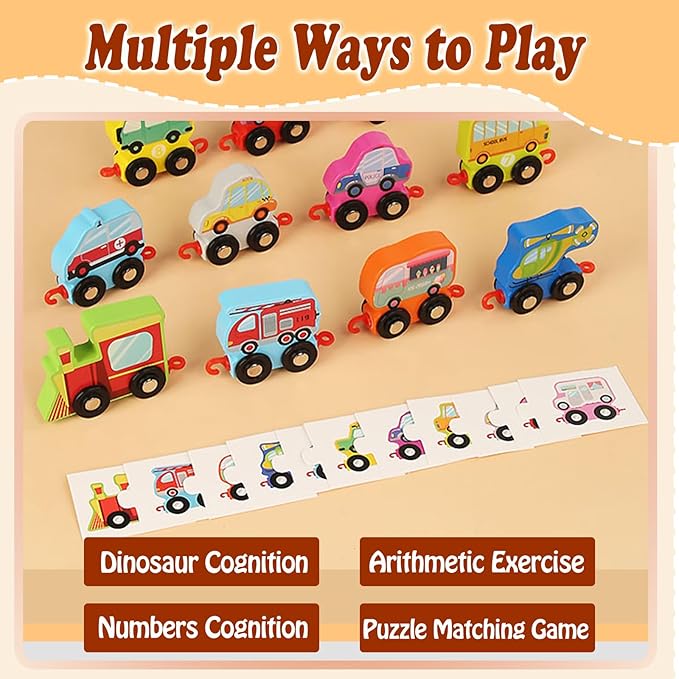 HOMEE Wooden Transportation Train Set for Toddler,11 Pieces Train Toys with Puzzles 0-10 for 3 4 5 Year