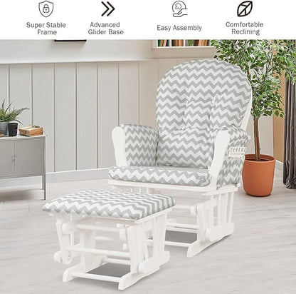 Costzon Nursery Glider with Ottoman, Upholstered Comfort Glider Rocker with Padded Cushion, Storage Pocket, Solid Wood Base, Rocking Chair Nursery for Breastfeeding, Maternity, Napping (Gray & White)
