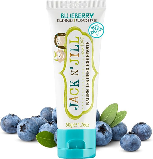 Jack N' Jill Natural Toddler Toothpaste for Baby, Kids and Infants 6 Months & Up, Fluoride Free Training Toothpaste for Toddlers 1-3, 40% Xylitol, BPA Free - Blueberry, 1.76 oz (1 Pack)