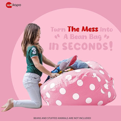 Wekapo Stuffed Animal Storage Bean Bag Chair Cover for Kids | Stuffable Zipper Beanbag for Organizing Children Plush Toys Large Premium Cotton Canvas (Pink Dot, XX-Large)