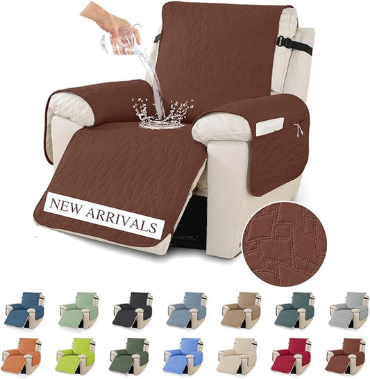 XINEAGE 100% Waterproof Recliner Chair Covers with Elastic Straps, Nonslip Reclining Couch Covers Washable Recliner Couch Cover with Pockets Furniture Protector for Pets Dogs (Coffee, 30")