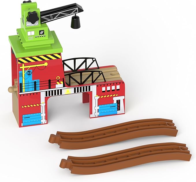 Toy Train Accessory with Track for Kids Age 3 and Up, Wooden Train Track Accessories Crane Bridge Compatible with Thomas, Brio, Chuggington, Melissa and Doug and All Major Brand Railway Track