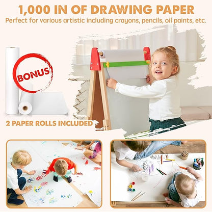 Tiny Land Easel for Kids with 2 Drawing Paper Roll, Learning-Toy for 3,4,5,6,7,8 Years Old Boy & Girls, Wooden Chalkboard & Magnetic Whiteboard & Painting Paper Stand, Gift & Art Supplies for Toddler