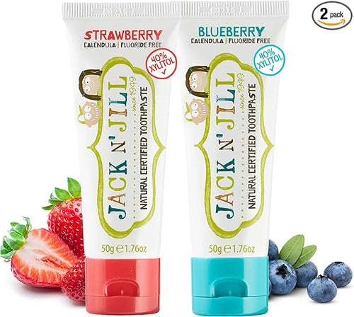 Jack N' Jill Natural Toddler Toothpaste for Baby, Kids and Infants 6 Months & Up, Fluoride Free Training Toothpaste for Toddlers 1-3 (1.76 Fl Oz (Pack of 2), Blueberry & Strawberry)