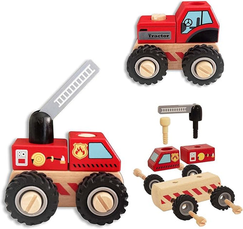 Construction Vehicles for Toddlers, 2 Pcs Wooden Detachable Assemble Cranes and Tractor 3 Years