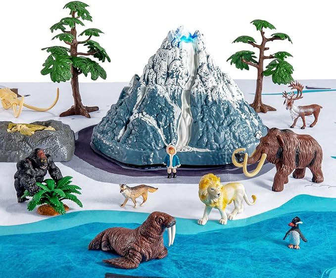 TEMI Prehistoric Animal Toys for Kids 3-5, Safari Animals Figurines and Snow Volcano Toy Set with Play Mat for Toddlers Mammoth, Lion and Gorilla, Educational Gifts for Toddlers 3 4 5 6 7 8 Years