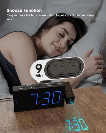 OnLyee Projection Alarm Clock for Bedroom, LED Digital on Ceiling Wall with USB Phone Charging, Battery Backup, 180° Rotatable Projector & Dimmer, 12/24H, DST, Snooze, Dual Loud Bedside Heavy Sleeper