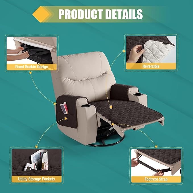 Ruaozz Waterproof Recliner Chair Covers Non Slip Chair Covers Washable Recliner Covers for Reclining Chair with Pockets Covers for Recliner Chair for Pets, Kids (Chocolate, Medium-25'')